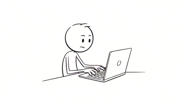 Animated stick figure person using a laptop computer