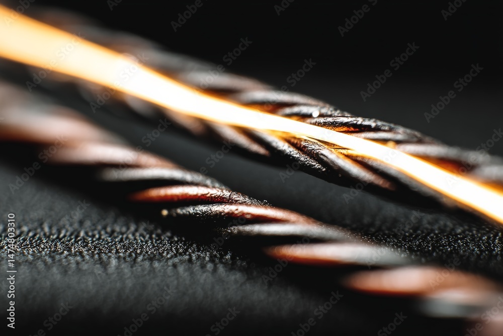 Poster detailed close-up view of twisting metal wires illuminating with bright light in a dark environment
