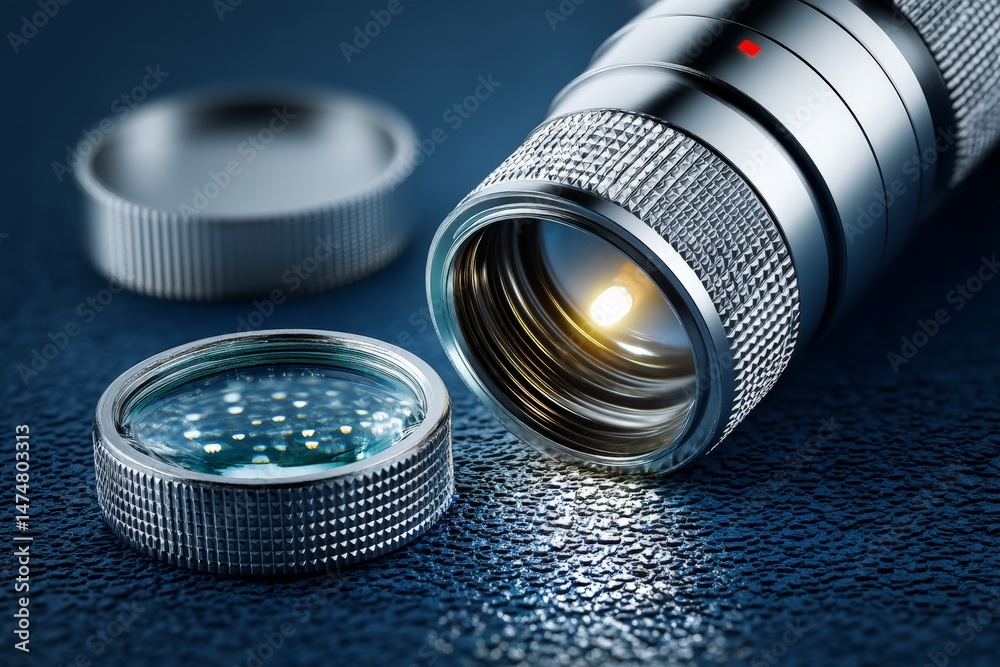 Poster Close-up view of a flashlight and lens on a dark textured surface highlighting details of the design and materials