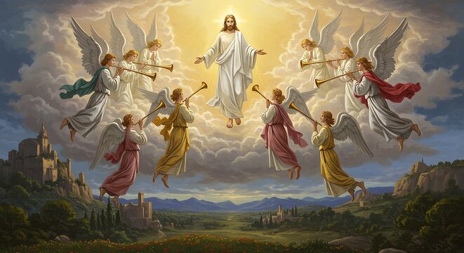 The Second Coming of Christ This image captures the biblical prophecy of Christ's return as king and judge at the end of times.