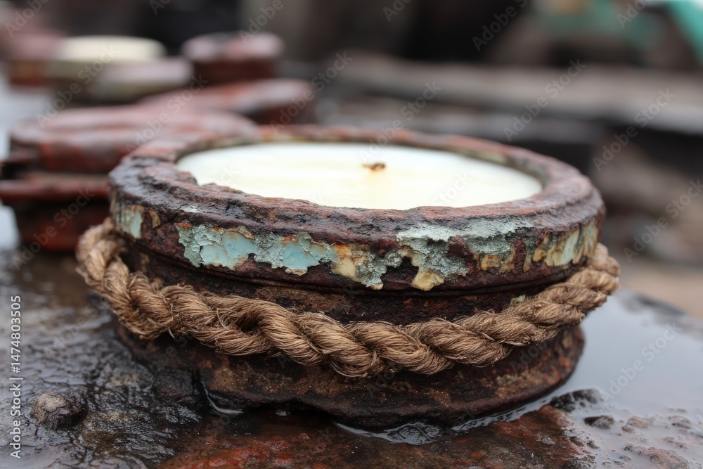 Poster rusty candle holders adorned with rope at a maritime location during cloudy weather