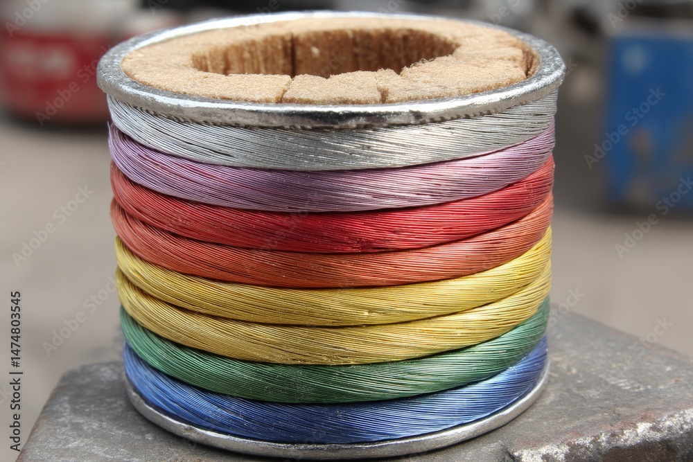 Poster colorful wire spool arranged in a vibrant rainbow pattern in a workshop during daylight hours