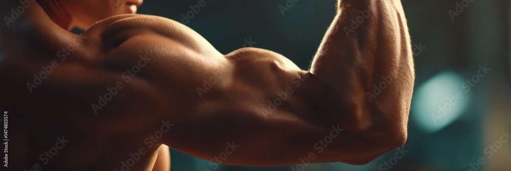 Aufkleber close-up of bicep during workout emphasizing muscle definition and detail in gym setting with dramat