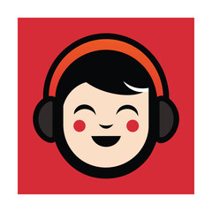 Happy cartoon character wearing headphones smiling against a red background vector illustration