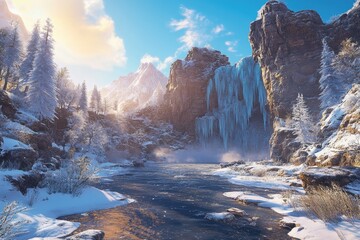 Snowy mountain valley with waterfall. Sunlight streams through the trees, illuminating a frozen river flowing through a rocky gorge