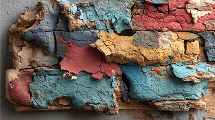 Close up of a brick with peeling paint, featuring a palette of vibrant colors.