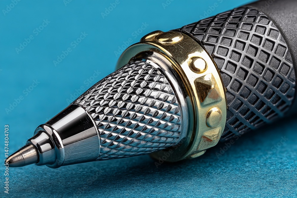 Aufkleber close-up view of an elegant pen highlighting its intricate design and detailing on a vibrant blue ba