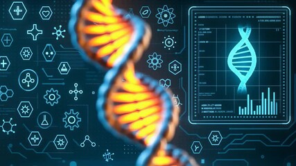 Glowing DNA Strand with Molecular Icons and Genome Data Display Representing Genetics, Biotechnology, and Scientific Research

 - Powered by Adobe