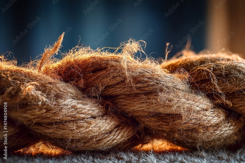 Poster close-up view of an intertwined natural fiber rope showcasing texture in warm light during late afte