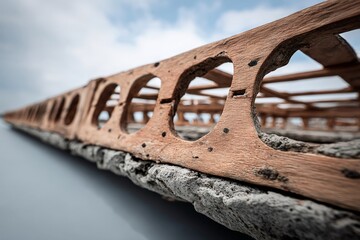 Wooden lattice structure resting on concrete surface under cloudy sky