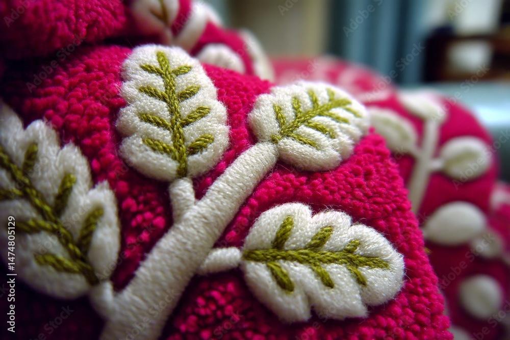 Poster textile featuring vibrant pink background and intricate leaf pattern showcases craftsmanship and col