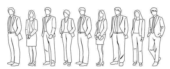 Vector silhouettes of men and women, group of standing  business people, profile, hand draw, linear sketch, black and white color, isolated on white background