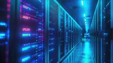 Fototapeta na wymiar 3D futuristic server hall with glowing blue and purple racks, emphasizing digital data flow and cloud computing in a visually stunning, symmetrical environment