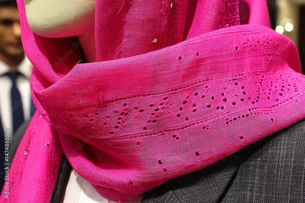 Poster stylish pink scarf displayed on mannequin showcases intricate design and elegance in a busy boutique