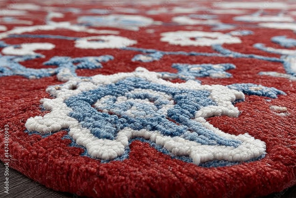 Poster detailed close-up of a decorative red and blue rug showcasing intricate patterns in a modern interio