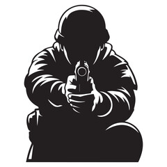 A crouching military army soldier or police swat man or person aiming a gun or handgun or pistol weapon silhouette shadow. War troops icon or symbol Vector Black silhouette. with white background
