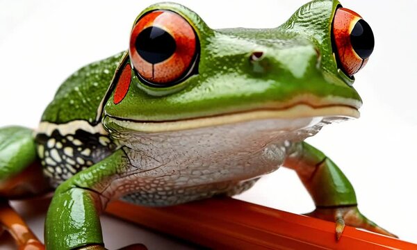 Close-up of a vibrant green tree frog resting on an orange object