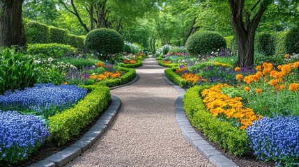 Serene garden path lined with vibrant blooms and manicured hedges