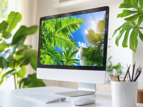 Organized workspace featuring a computer screen on a neat desk with high-quality equipment and accessories for productivity
