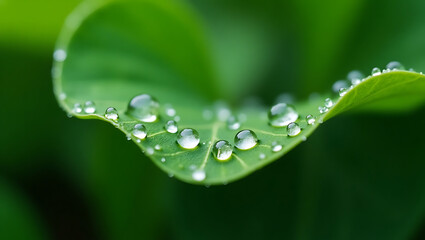 Close up view of pristine green leaf with refreshing water droplets after rain