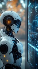 Futuristic robot interacting with a digital display