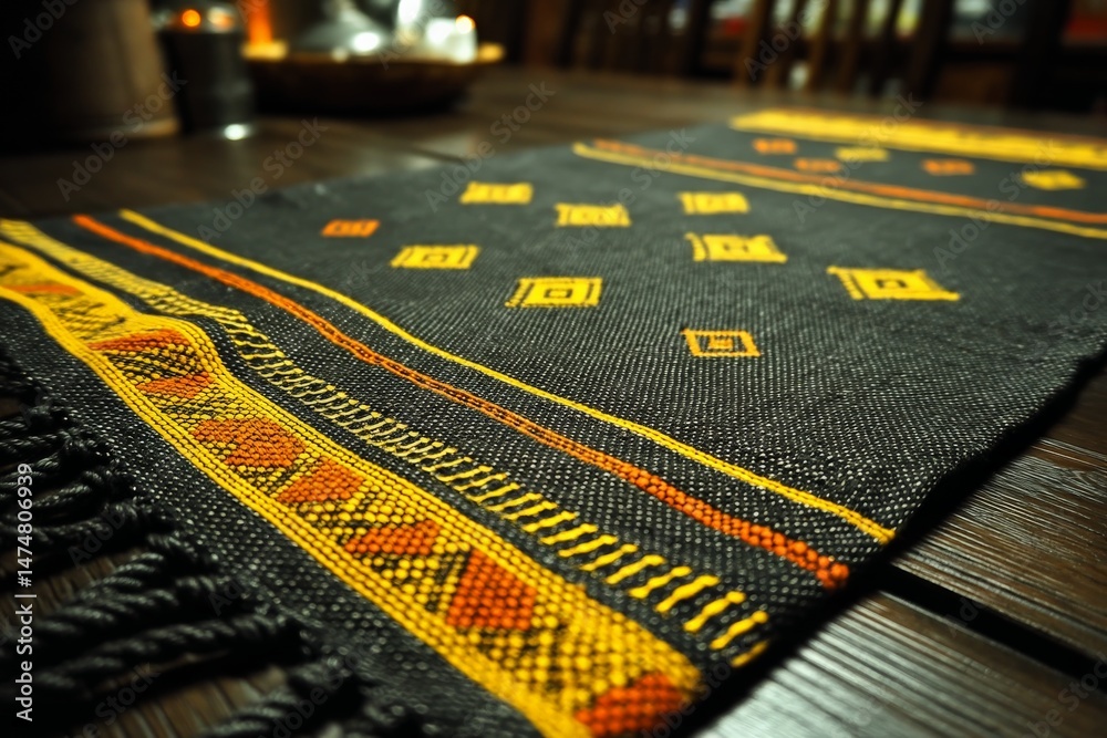 Poster handmade textile showcasing intricate patterns in a dimly lit rustic setting