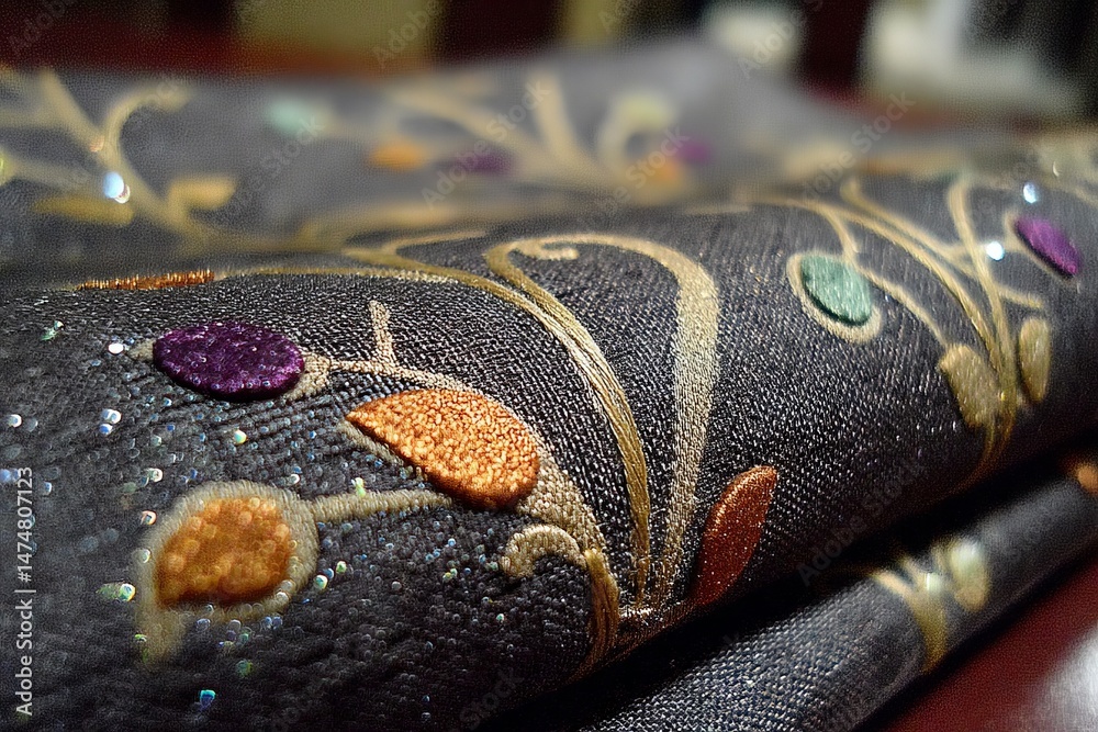 Poster close-up of elegantly embroidered fabric showcasing colorful designs on a dark material