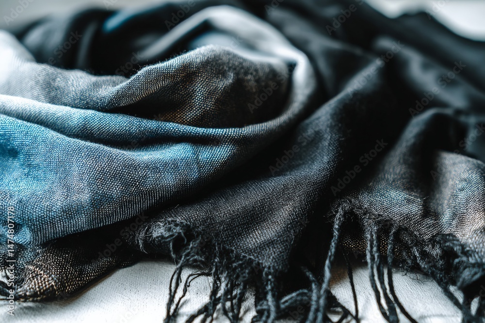 Poster soft textured scarf displaying shades of blue and black draped over a light surface in a cozy settin