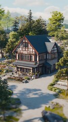 Architectural visualization of a two story residence in a lush landscape setting