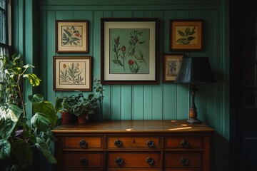 Dark Green Room Interior with Antique Wooden Dresser and Botanical Artwork