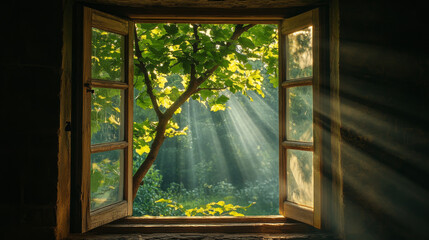 Sunlight piercing through a tree viewed from an old window frame.