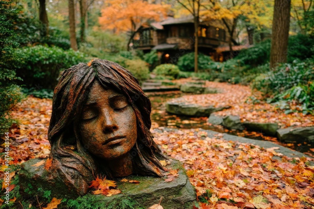 Poster autumn serenity in a tranquil garden with a serene sculpture surrounded by colorful leaves