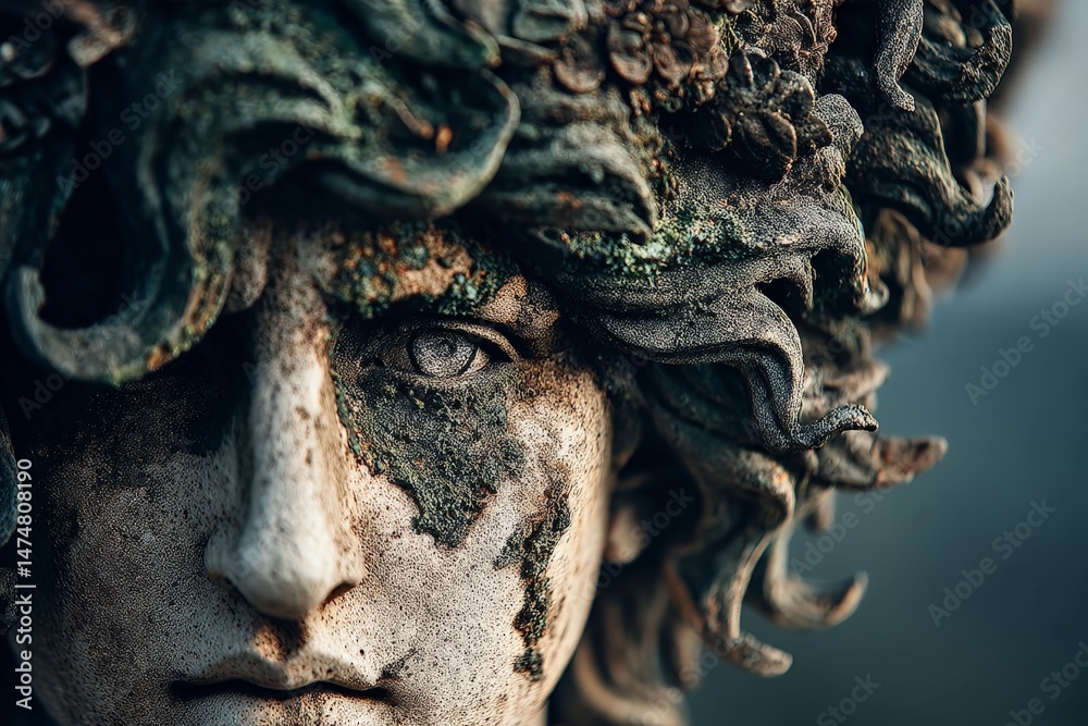 Aufkleber intricate stone sculpture with detailed features observing the surrounding nature at dawn in an outd