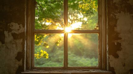 Sunlight piercing through a tree viewed from an old window frame.