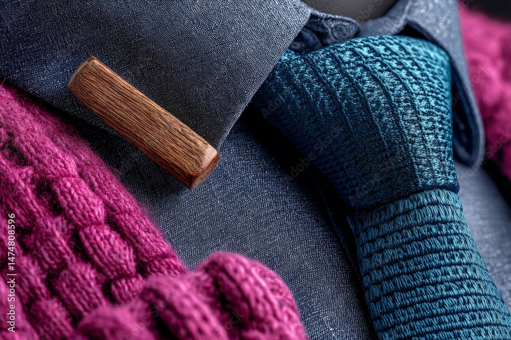 Poster detail of an elegant outfit showcasing a knitted tie and a textured sweater during a stylish event i