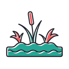 Flat style illustration of a marsh featuring water, cattails, and aquatic plants, symbolizing wetland ecosystems and natural habitats.
