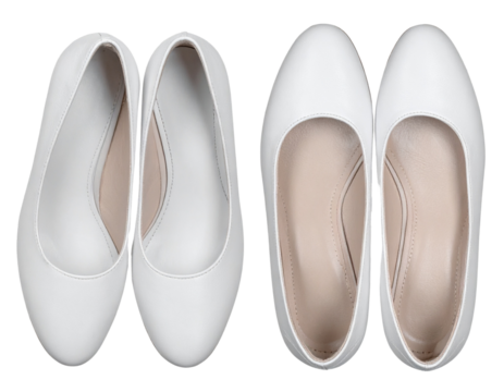 Two images of white women s shoes with one side of the shoe facing forward and the other side facing up on a transparent background PNG