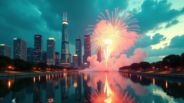 Vibrant fireworks over city skyline reflected in water at dusk.