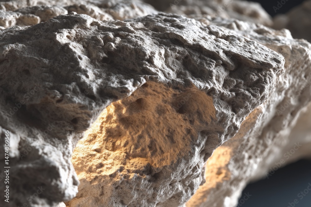 Poster close-up view of textured rock showing illuminated interior surface revealing intriguing geological 
