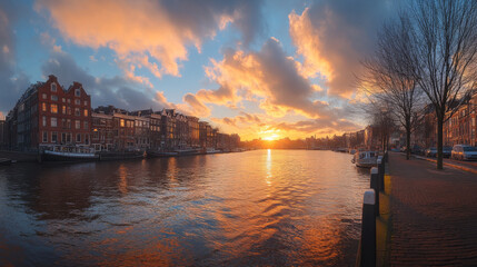 Fototapeta premium Sunset panorama of Amsterdams iconic dancing houses by the Amstel River.