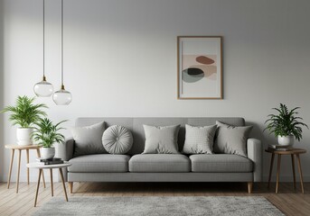 Living room featuring a gray sofa with pillows plants lamps and framed artwork on a white wall