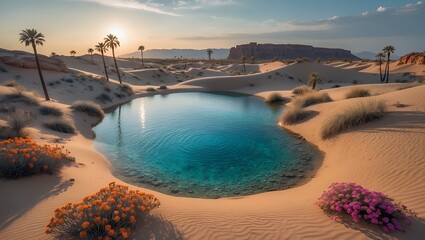 Obraz premium Desert Oasis with Turquoise Water and Palm Trees at Sunset