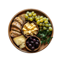Gourmet Cheese and Olive Platter with Bread and Grapes on Wooden Board