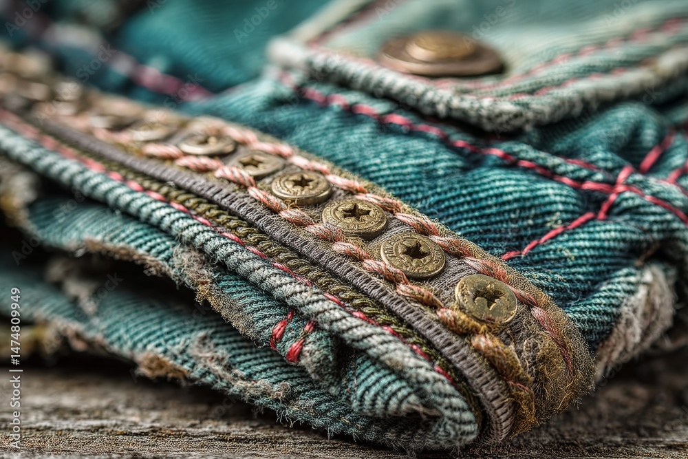 Poster denim fabric with intricate stitching and metal buttons displayed on a wooden surface