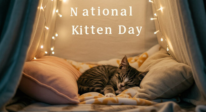 Cute Tabby Kitten Sleeping on Cozy Chair with Fairy Lights – National Kitten Day Celebration