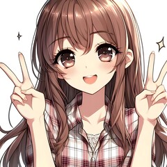 A pretty girl with long hair who smiles and makes a gesture of "peace" (V) with both hands