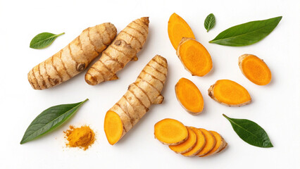 Flat Lay of Turmeric Roots and Slices on Pure White Background &ndash; Golden Spice Emphasis