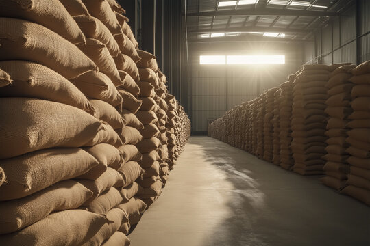 Warehouse filled with stacked bags of grain in warm sunlight