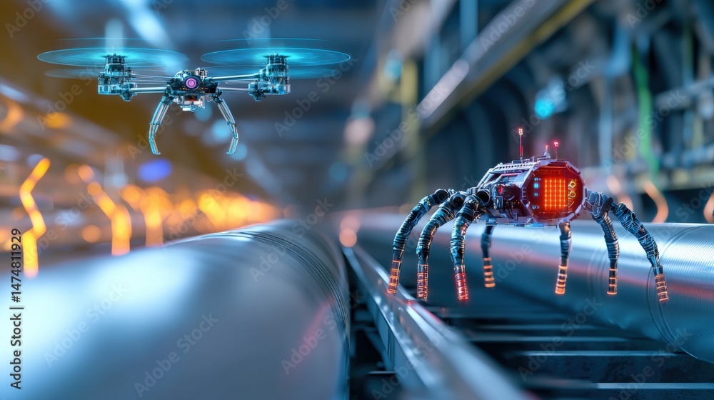 Poster innovative robotics showcase drones and spider robots in an industrial setting high-tech environment
