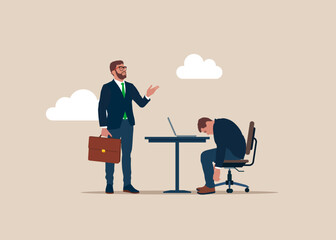 Worker work under pressure boss. Lack desire to complete managerial tasks. Financial and  investment motivation. Professional burnout. Wages to employee exhausted. Flat vector illustration